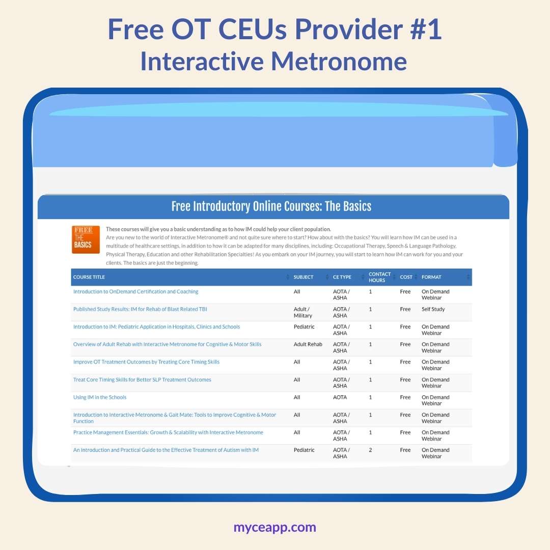 Interactive Metronome free OT CEUs course listings