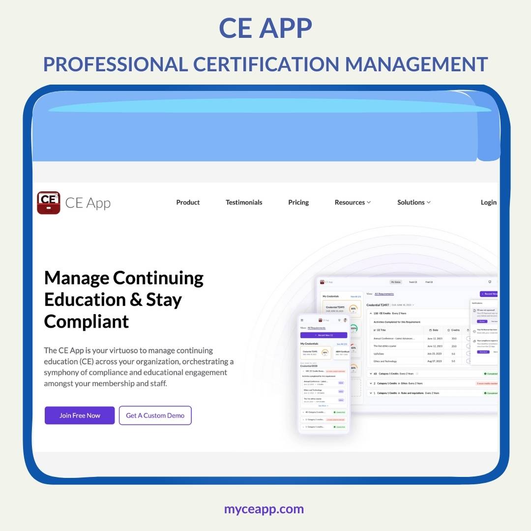CE App professional certification management software dashboard