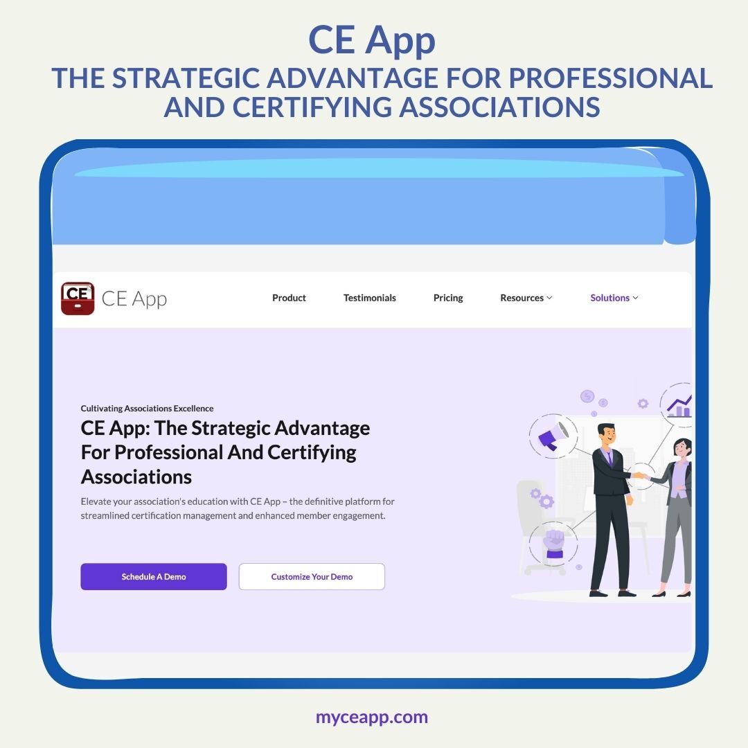 CE App platform overview showing certification management and member engagement features for associations
