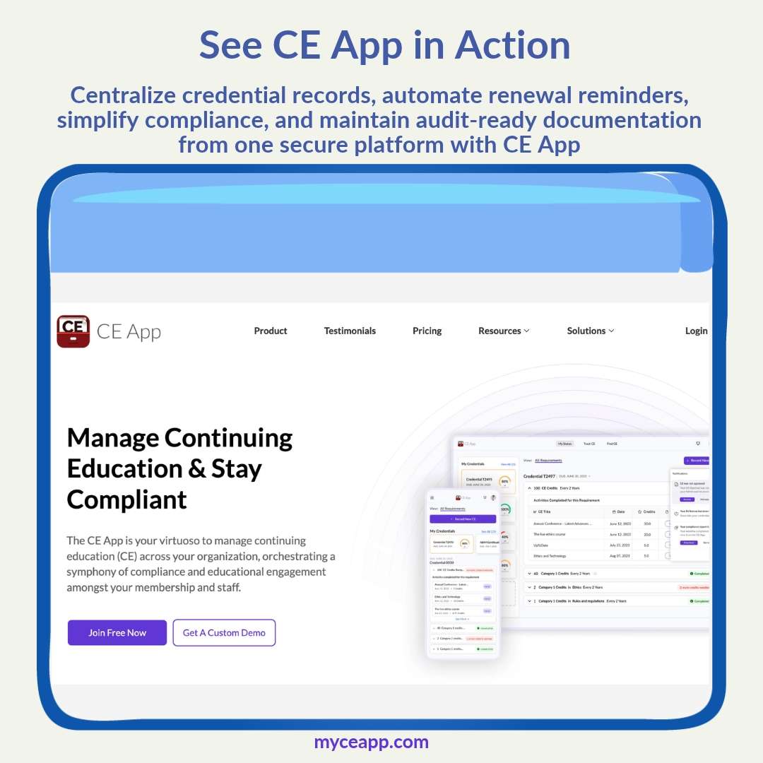 CE App healthcare credential tracking platform shown on desktop and mobile with credential records and renewal reminders