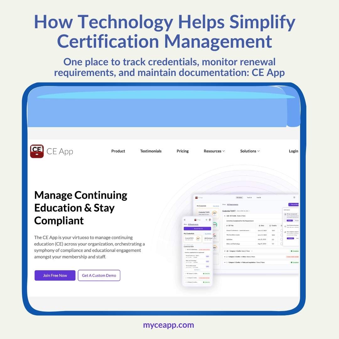 CE App platform for tracking credentials, renewal requirements, and documentation